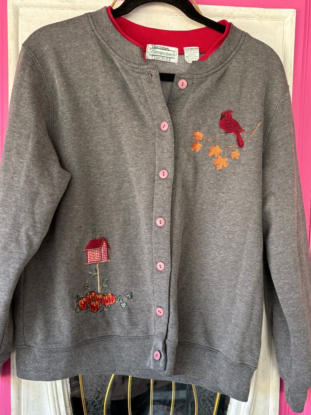 Gray Fall Embroidered Cardigan with cardinal and Pumpkin Motif